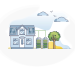Illustration of two homes with solar panels sharing electricity with the grid